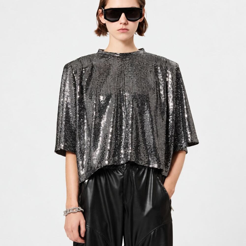 Isabel Marant Etoile Delfi Top Sequined in Silver Cropped size 44